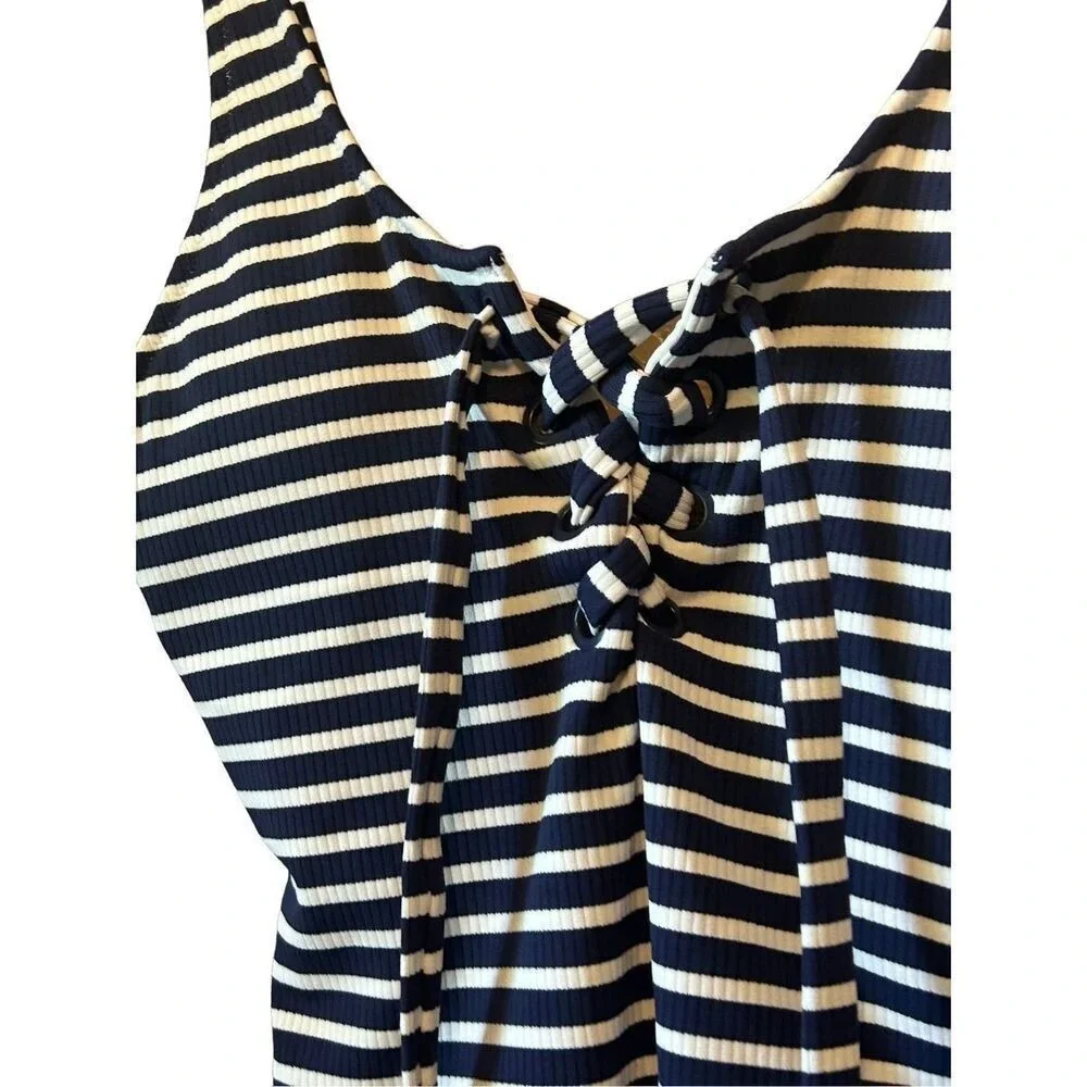 Aerie One Piece Swimsuit Womens Small Long Navy White Striped Lace Up Ribbed EX - Picture 3 of 5